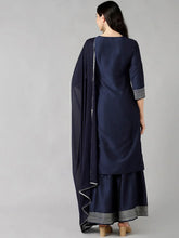Women Navy Blue Solid Embroidered Kurta Sharara With Dupatta
